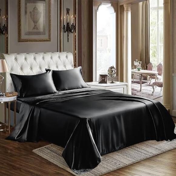 Satin Sheets Queen Size - 4 Piece Black Bed Sheet Set with Silky Microfiber - Picture 7 of 7